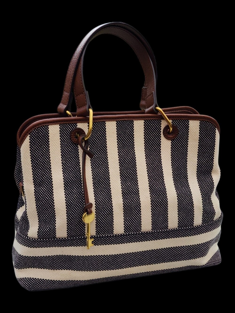 Fossil Cream and Brown Striped Canvas Satchel